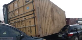 1 killed, others injured as 40-ft container falls on 3 vehicles in Lagos container
