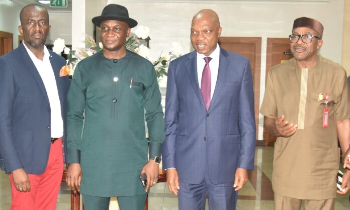 NDDC MD-Shell MD The NDDC Executive Director, Projects, Mr. Charles Ogunmola; the NDDC MD, Dr. Samuel Ogbuku; the MD of SPDC, Mr. Osagie Okunbor and the NDDC Executive Director Finance & Administration, Maj-Gen. Charles Airhiavbere (Rtd), during a courtesy visit at the Shell Industrial Area in Port Harcourt.