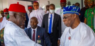 Tinubu meets Obasanjo at Uzodinma’s 2nd term inauguration in Imo