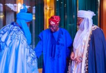 Tinubu greets Emir of Borgia, HRH Mohammed Dantoro Kitoro IV, on his 10th anniversary